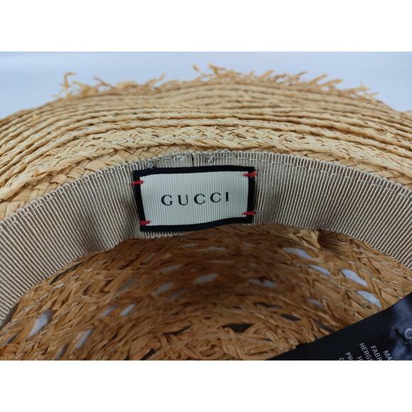 Gucci Raffia Straw Hat – Toile de Jouy Print Ribbon, Size M (57), Made in Italy - Picture 7 of 10